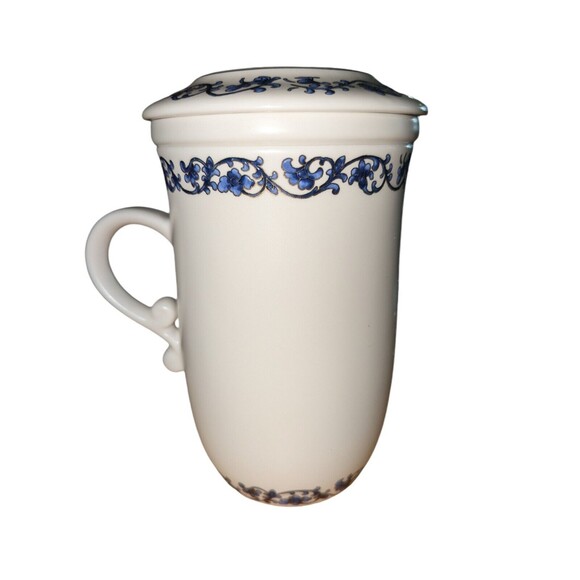 Teavana Tea Cup Mug WITH Lid & Infuser Blue  White Gold 12 oz - Picture 2 of 6